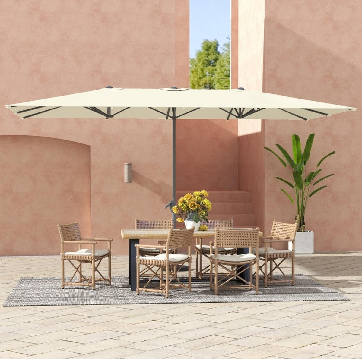 DOPPELSONNENSCHIRM aus Polyester & Metall 451x264x264 cm in Beige mit Kurbel - Beige, Metall (264/264cm) - Modfu