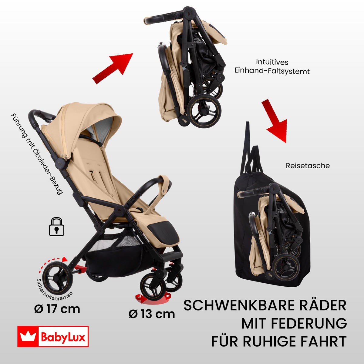 BUGGY Giau, Klein und Leicht, Teleskopische Führung, Kompakt Faltbar, Wickeltasche, Reisetasche - Schwarz/Braun, Textil/Metall (58/98cm) - BabyLux