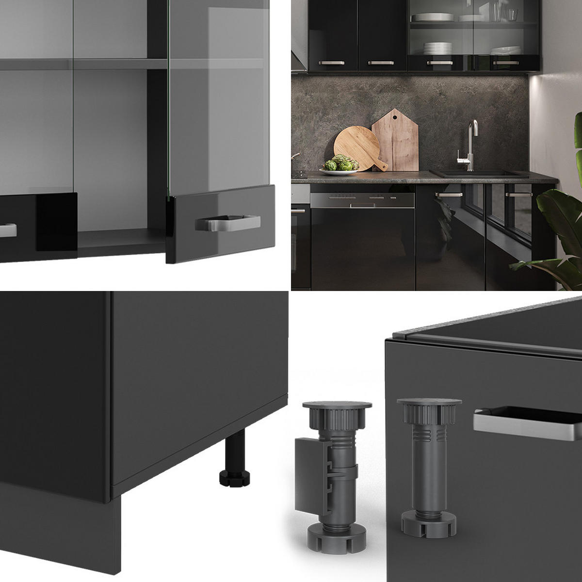 KÜCHE R-Line Schwarz Hochglanz/Anthrazit 300 cm, AP Marmor - Schwarz Hochglanz/Anthrazit, Holzwerkstoff (300/81.6/60cm) - Vicco