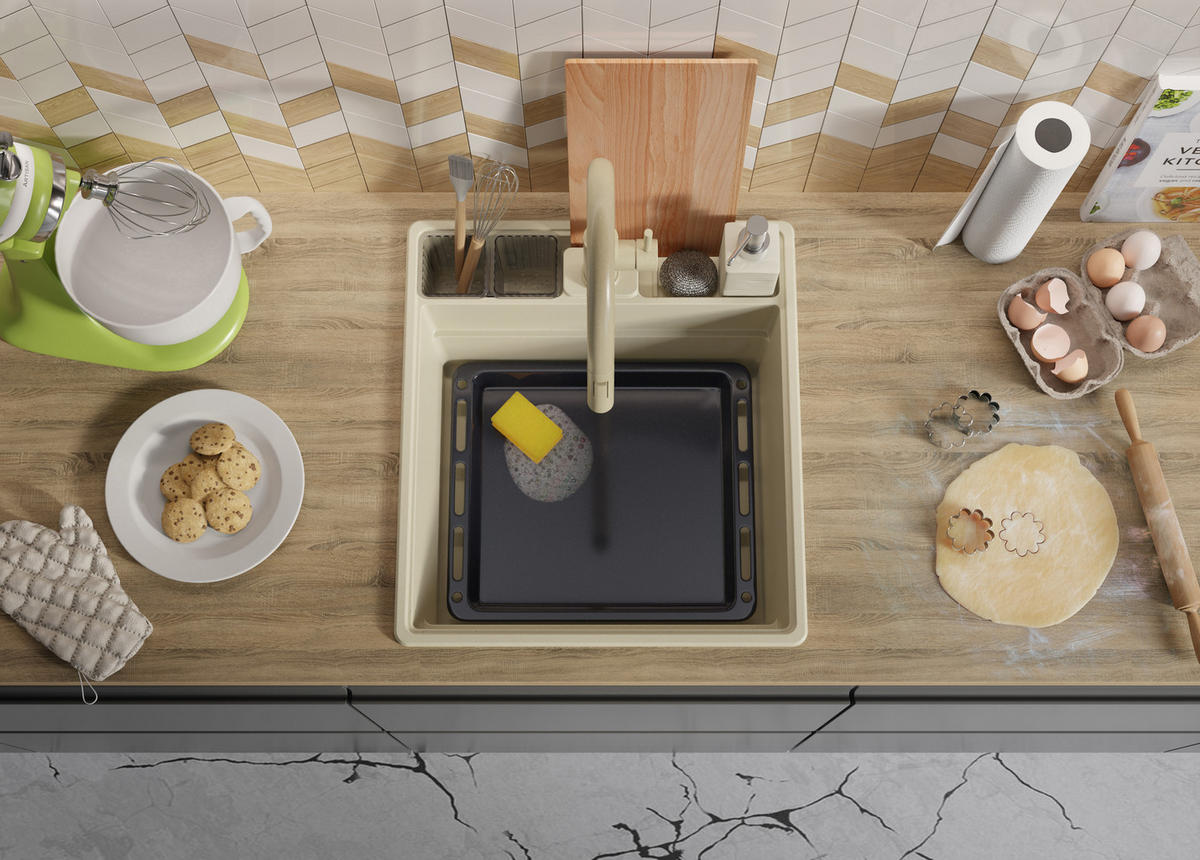 SPÜLBECKEN New York, 2-er set Beige 48/53 cm 1 Becken + Ablauf-Set + Küchenzubehörset ab 50er Unterschrank - Chromfarben/Beige, Kunststoff (48/20/53cm) - Primagran