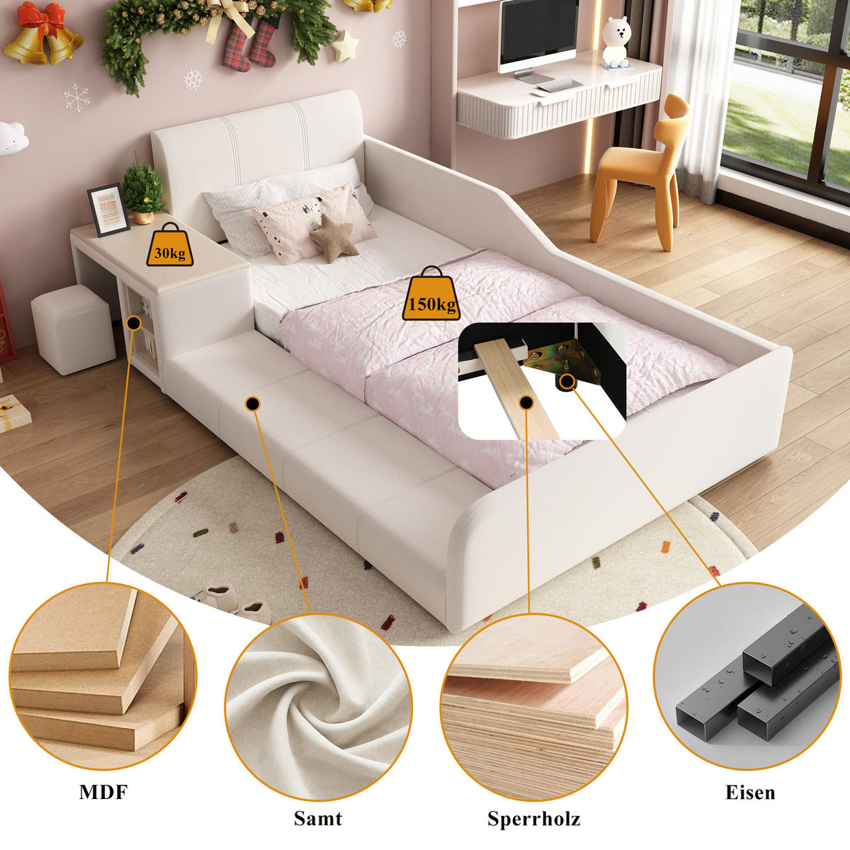KINDERBETT 90/200 cm in Weiß mit Schreibtisch, Hocker und Ablageboden Samt - Weiß, Holzwerkstoff/Textil (90/200cm) - CHICFURN