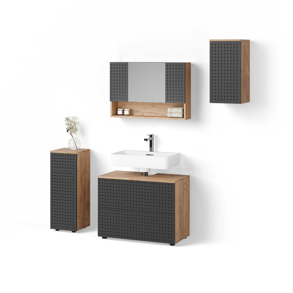 BADMÖBEL-SET Ronco Anthrazit gepunktet 4 Teile - Anthrazit/Eiche Wotan, Holzwerkstoff (80/58/41cm) - Livinity®