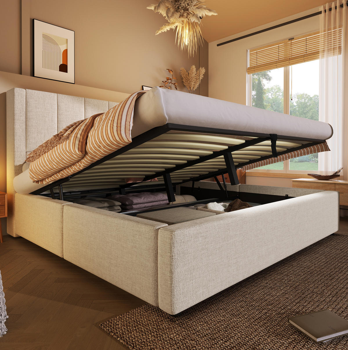 POLSTERBETT 180/200 cm aus Leinen mit Stauraum und Ladestation Beige - Beige, Textil (180/200cm) - Modenvie