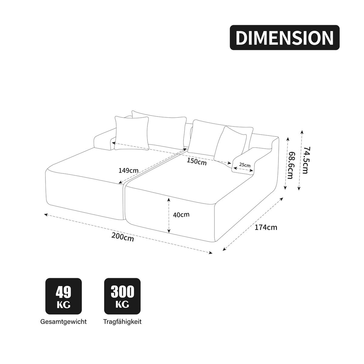 SOFAELEMENT 200/174/74.5 cm Beige mit 30D hochelastischem Schaumstoff und rutschfestem Boden - Beige, Textil (174/74.5/200cm) - Oxeza