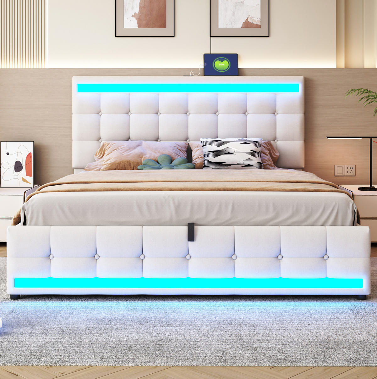 ČALÚNENÁ posteľ 180/200 cm s RGB LED osvetlením, USB portami a nastaviteľným čelom, Béžová - béžová, textil (180/200cm) - Redom