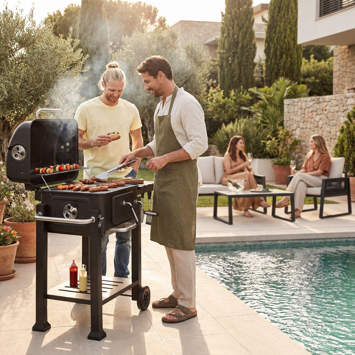 HOLZKOHLEGRILL Florian, 110 x 64 x 104 cm, untere Gitterablage, schwarz - Schwarz, Metall (110/104/64cm) - tectake