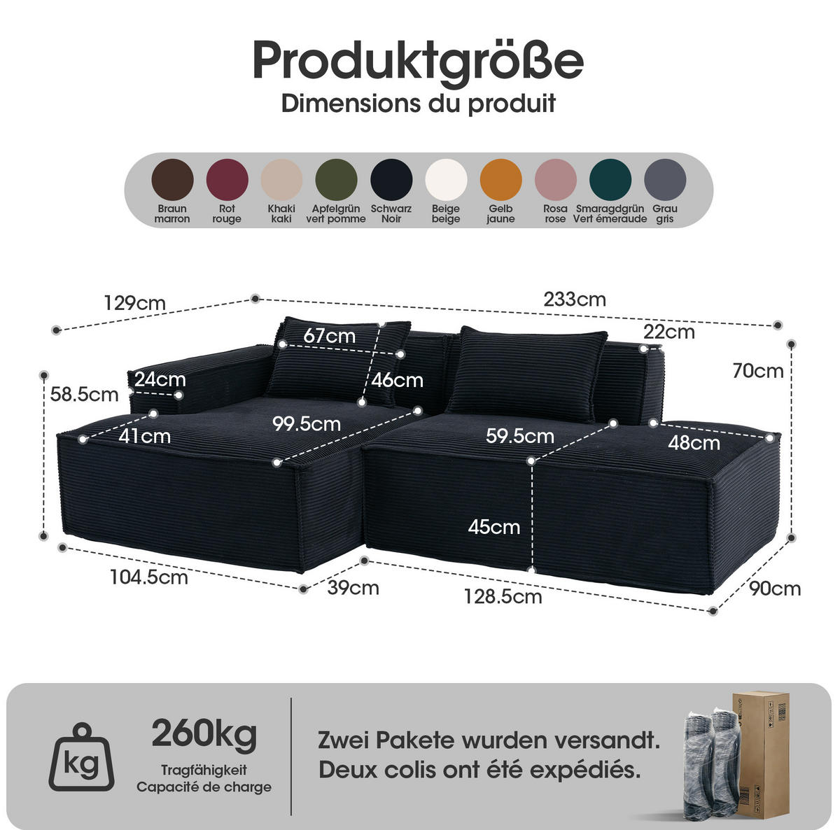 3-SITZER-SOFA 235 cm mit Taschenfederkern, High-Density-Schaum und pflegeleichtem Polyesterbezug, Schwarz - Schwarz, Textil (235/70/129cm) - Redom