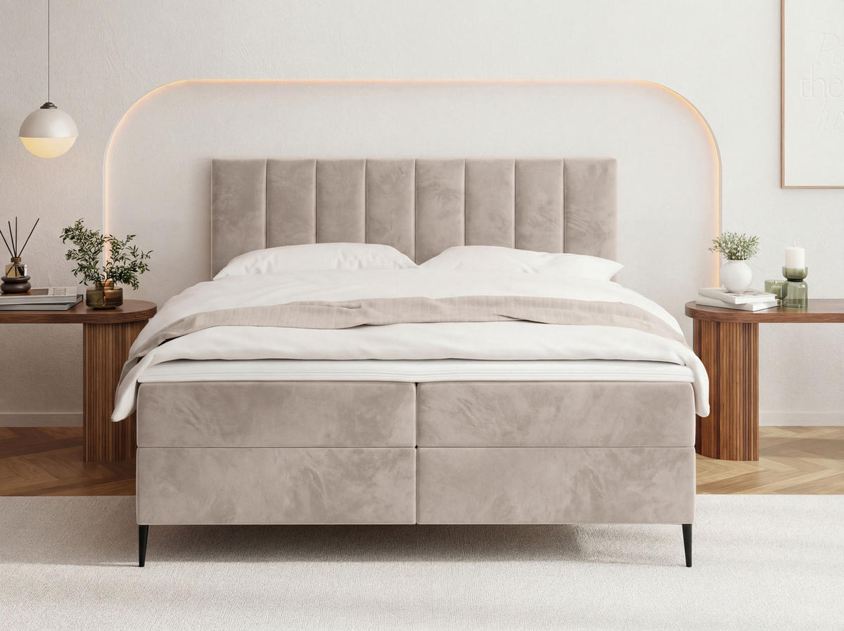 BOXBETT Allen mit Bettkasten, Samt Beige 200x200 cm – inkl. H4 Taschenfederkern Matratze & Foam Topper - Ecru/Beige, Holzwerkstoff/Metall (200/200cm) - WFL GROUP