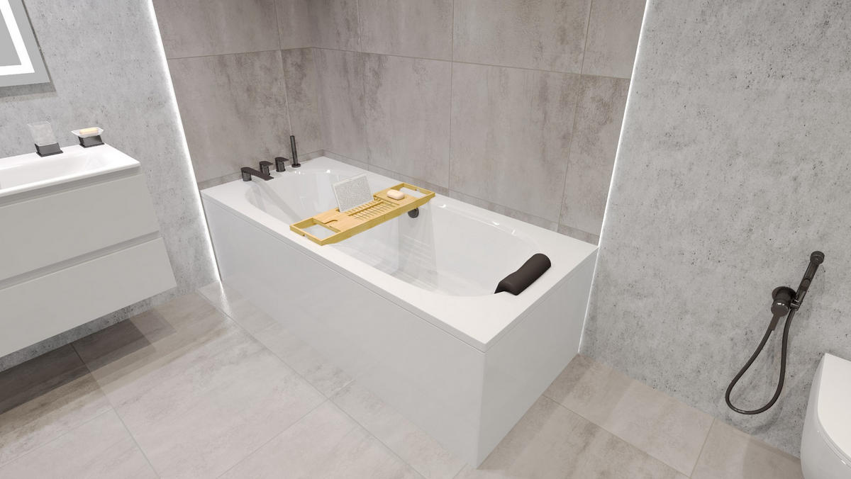 BADEWANNE Rechteck VITAE 150/75 + Schürze + Kopfstütze + Ablage Ablauf Füße - Weiß, Kunststoff (75/55.5/150cm) - bad land