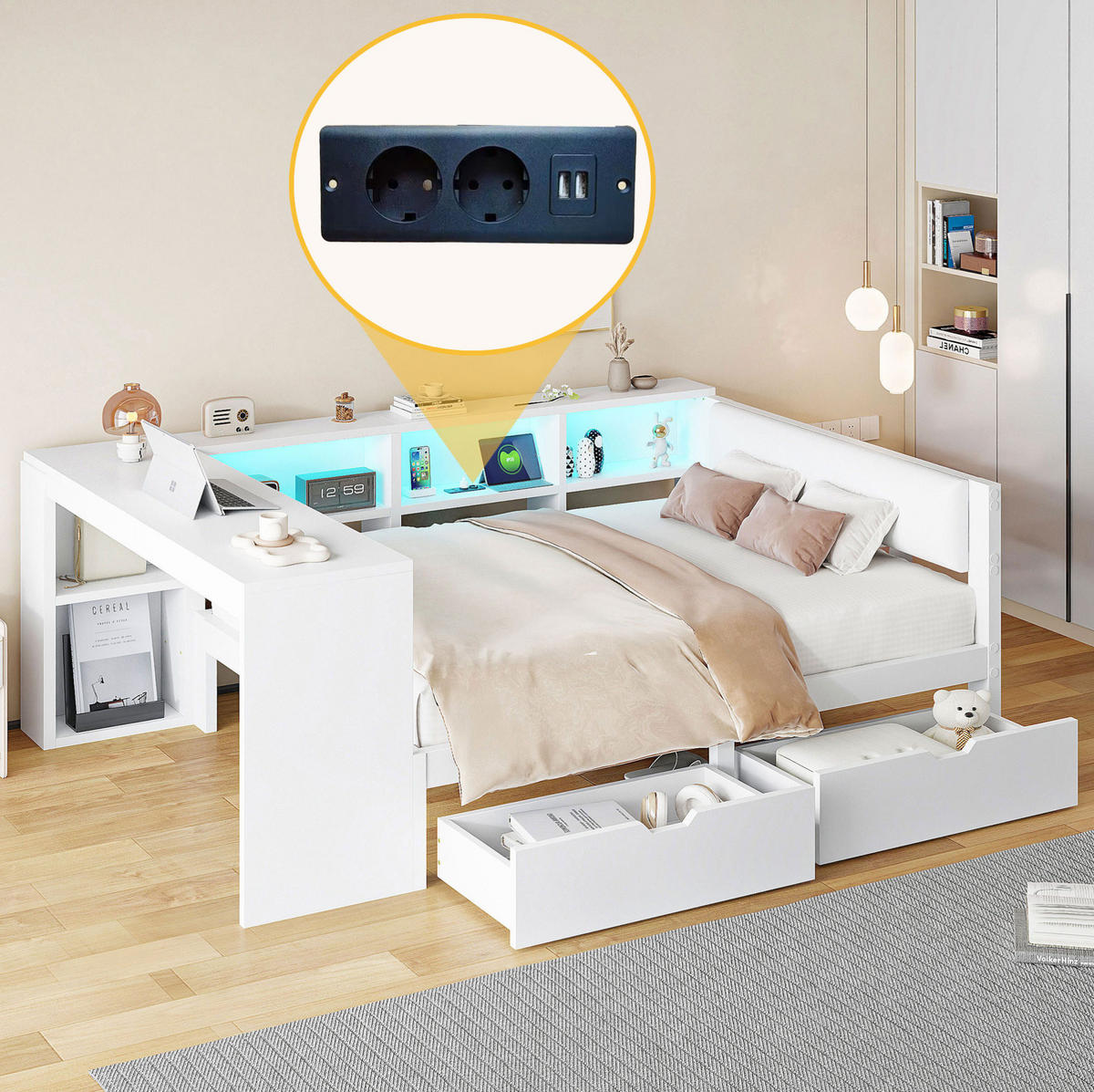 BETT 140/200 cm in Weiß mit gepolstertem Kopfteil, Schubladen und LED - Weiß, Holzwerkstoff (140/200cm) - BEAOK