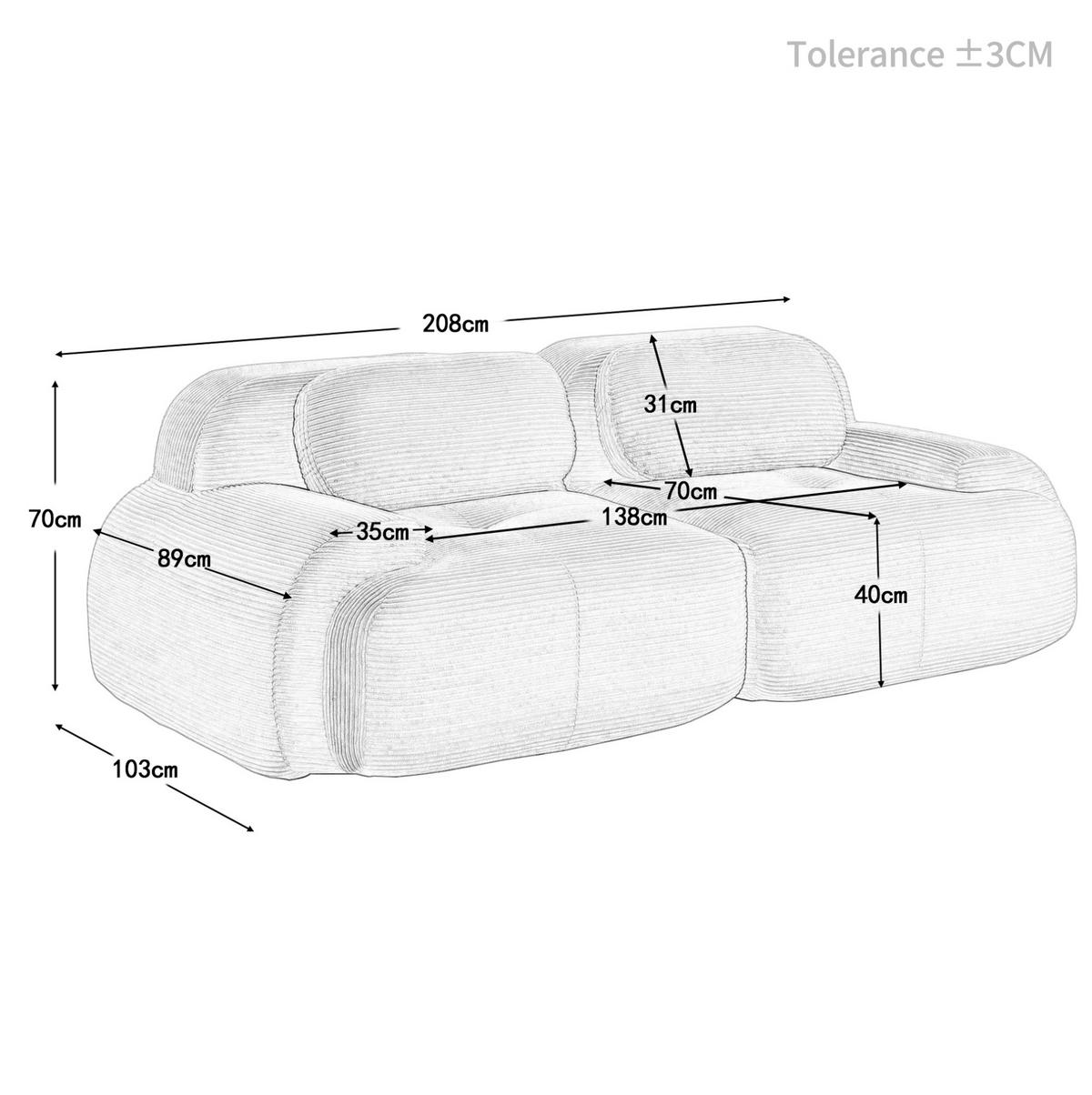 ECKSOFA 208/103/75 cm grau aus Cordstoff rahmenlos mit geschwungenen Armlehnen - Grau, Textil (103/208cm) - OKWISH