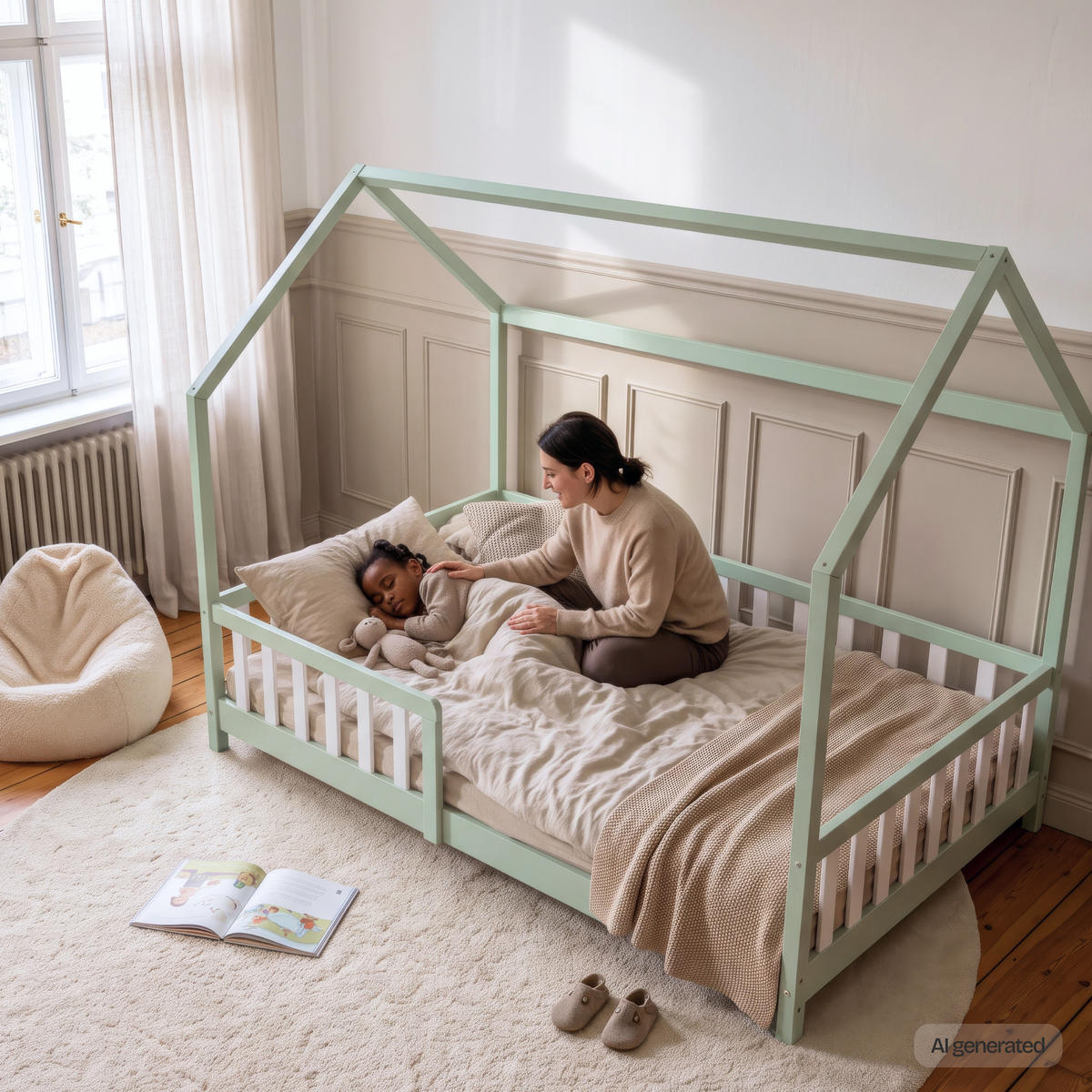 HAUSBETT Hesel - Weiß/Mintgrün, Holz (140/200cm) - [en.casa]