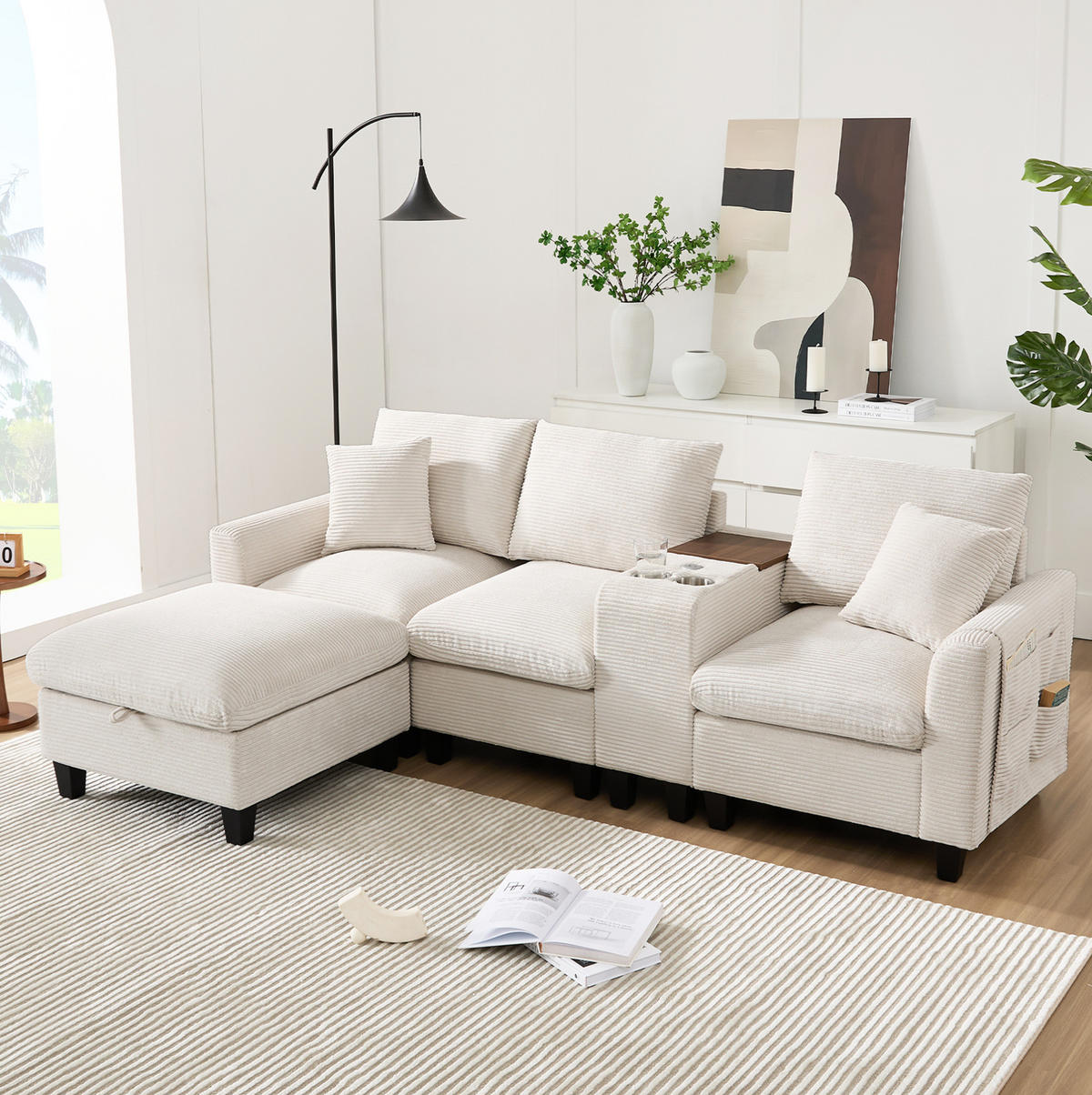ECKSOFA L-Form Cord mit Konsole und USB-Anschluss inklusive Hocker 229/149,5/83 cm Beige - Beige, Kunststoff/Textil (83/149.5cm) - Redom
