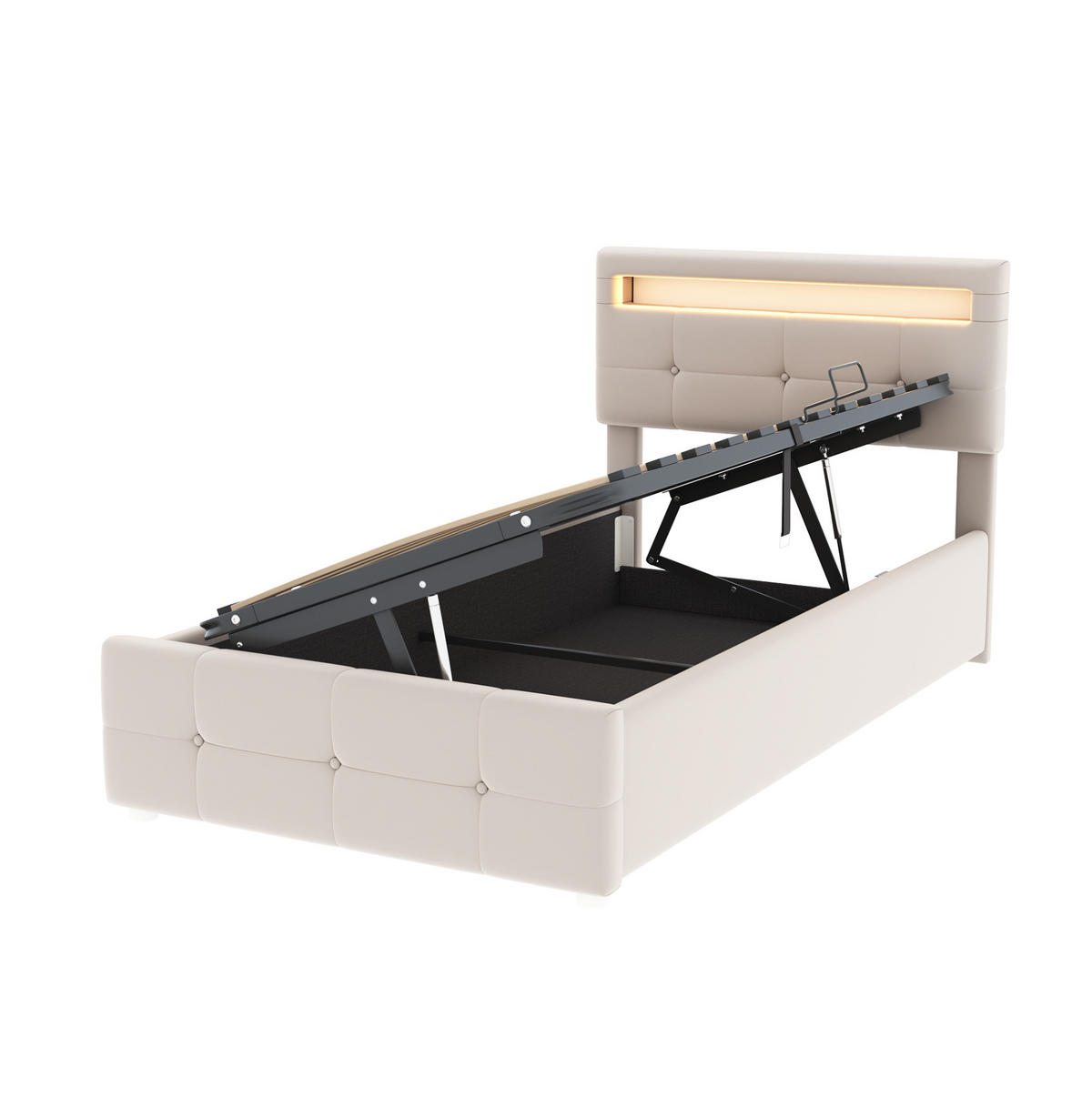POLSTERBETT 90/200 cm Beige aus Samt mit LED-Beleuchtung und Stauraum - Beige, Textil (90/200cm) - OKMYHOME