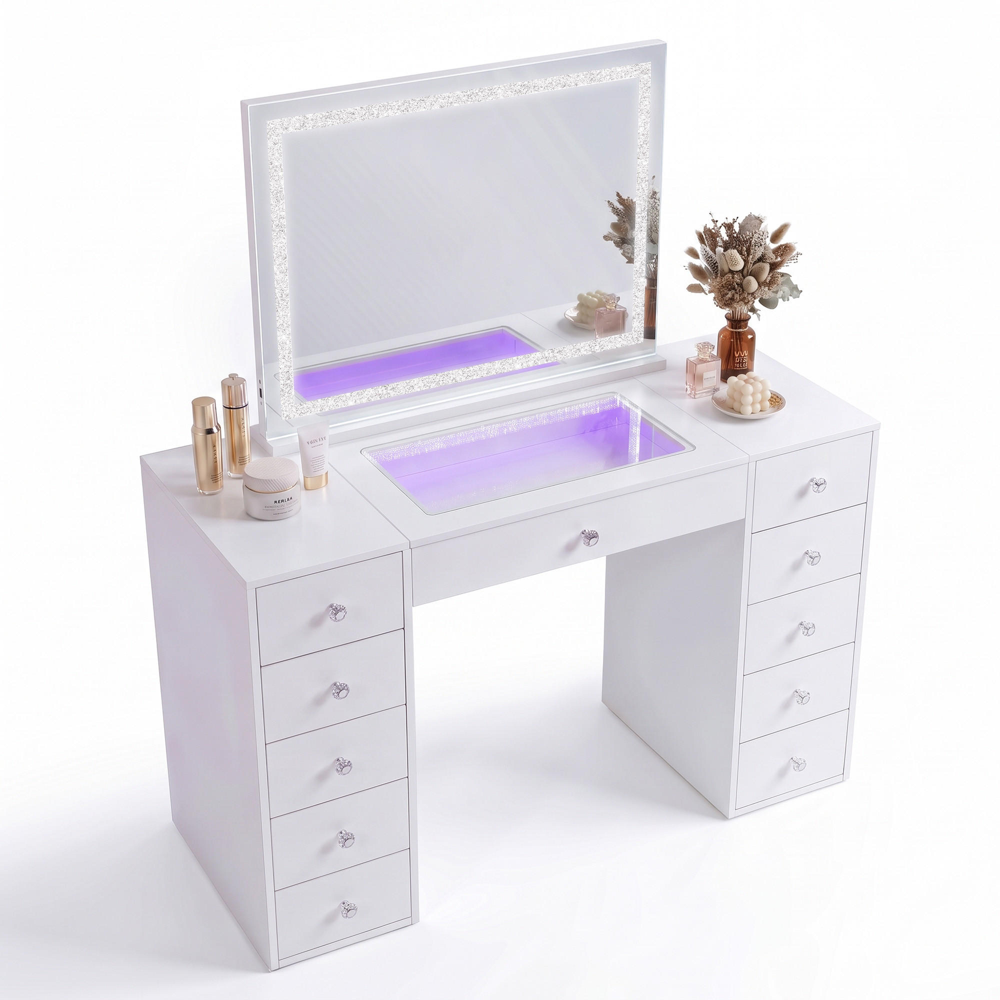 SCHMINKTISCH mit Spiegel Beleuchtung LED Bluetooth 11 Schubladen Weiβ 130/55/139 CM - Weiß, Holz/Metall (130/81/55cm) - VANITII