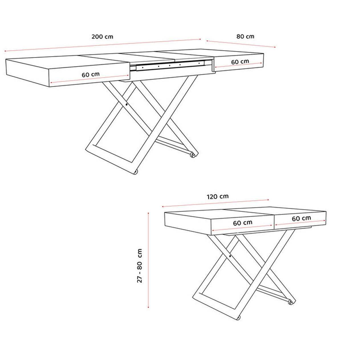 COUCHTISCH SANELLE ausziehbar mit Liftfunktion, 120/80/76 cm Schwarz / Grau - Schwarz/Grau, Holzwerkstoff/Metall (120/80/27cm) - Idohome
