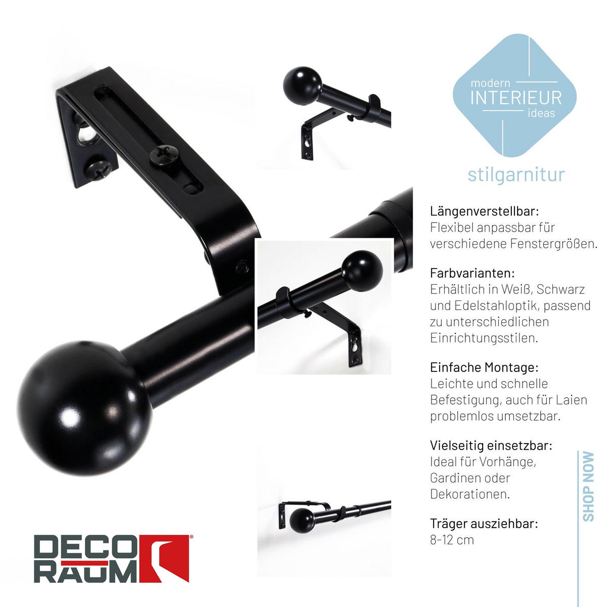DECO-RAUM Gardinenstange, ausziehbar 16/19 mm, Kugelenden, moderne Optik, einfache Montage, 160-300 cm. - Schwarz, Metall (160cm) - Deco-Raum