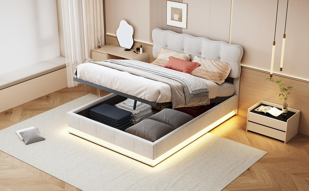 POLSTERBETT 140x200 cm Beige Samt LED Bettkasten - Beige, Holz (140/200cm) - SHOPENTRA