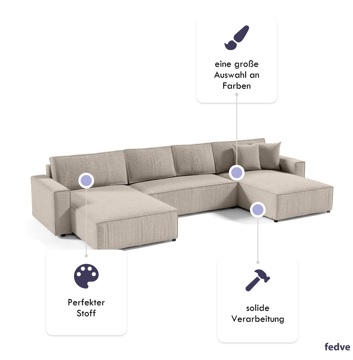 WOHNLANDSCHAFT Sekwana U Beige - Beige, Naturmaterialien (185/70/398cm) - Fedve