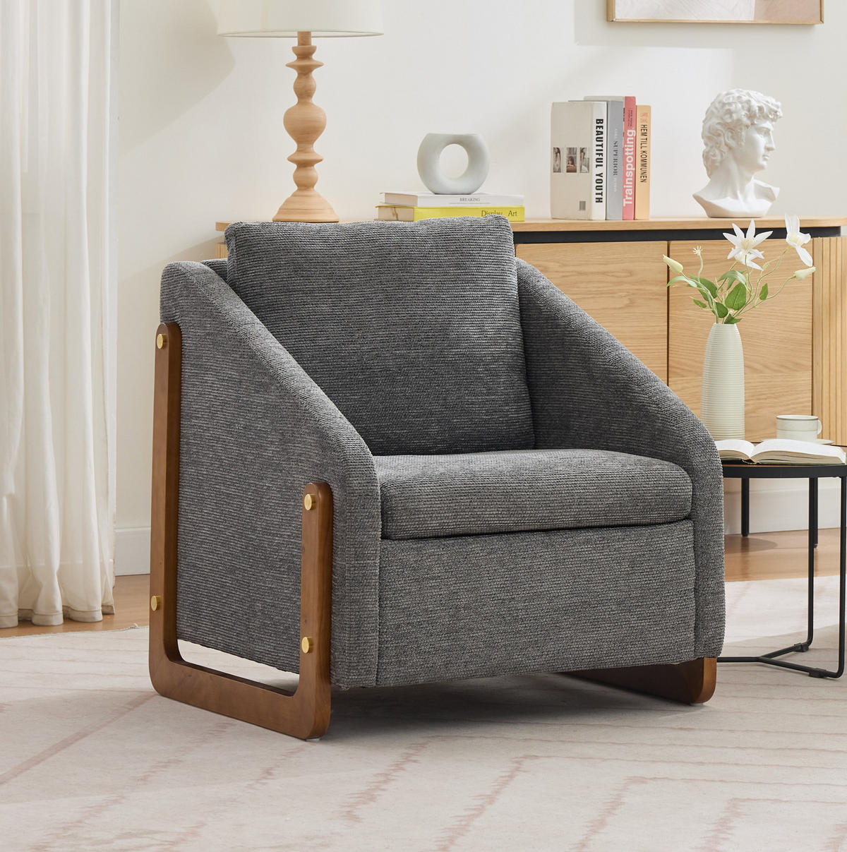 SESSEL 73,5/73,5/73,5 cm aus Chenille mit Holzarmlehnen in Grau - Grau, Textil (73.5/73.5/73.5cm) - BEAOK