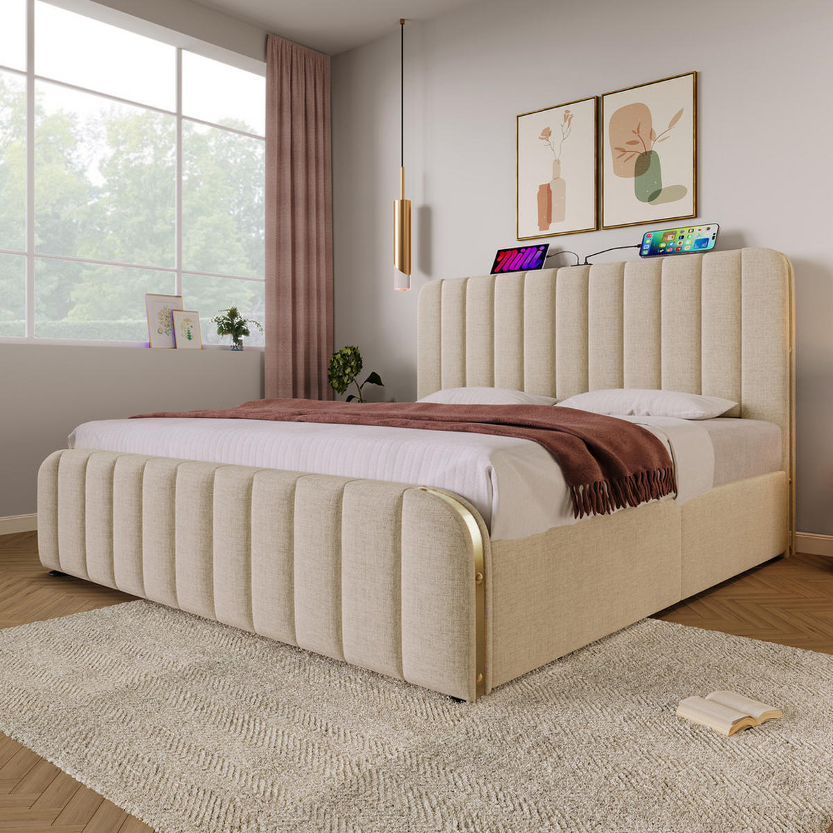 POLSTERBETT 180x200cm Doppelbett USB-C Hydraulik Goldstreifen Beige - Beige, Holz - FLIEKS