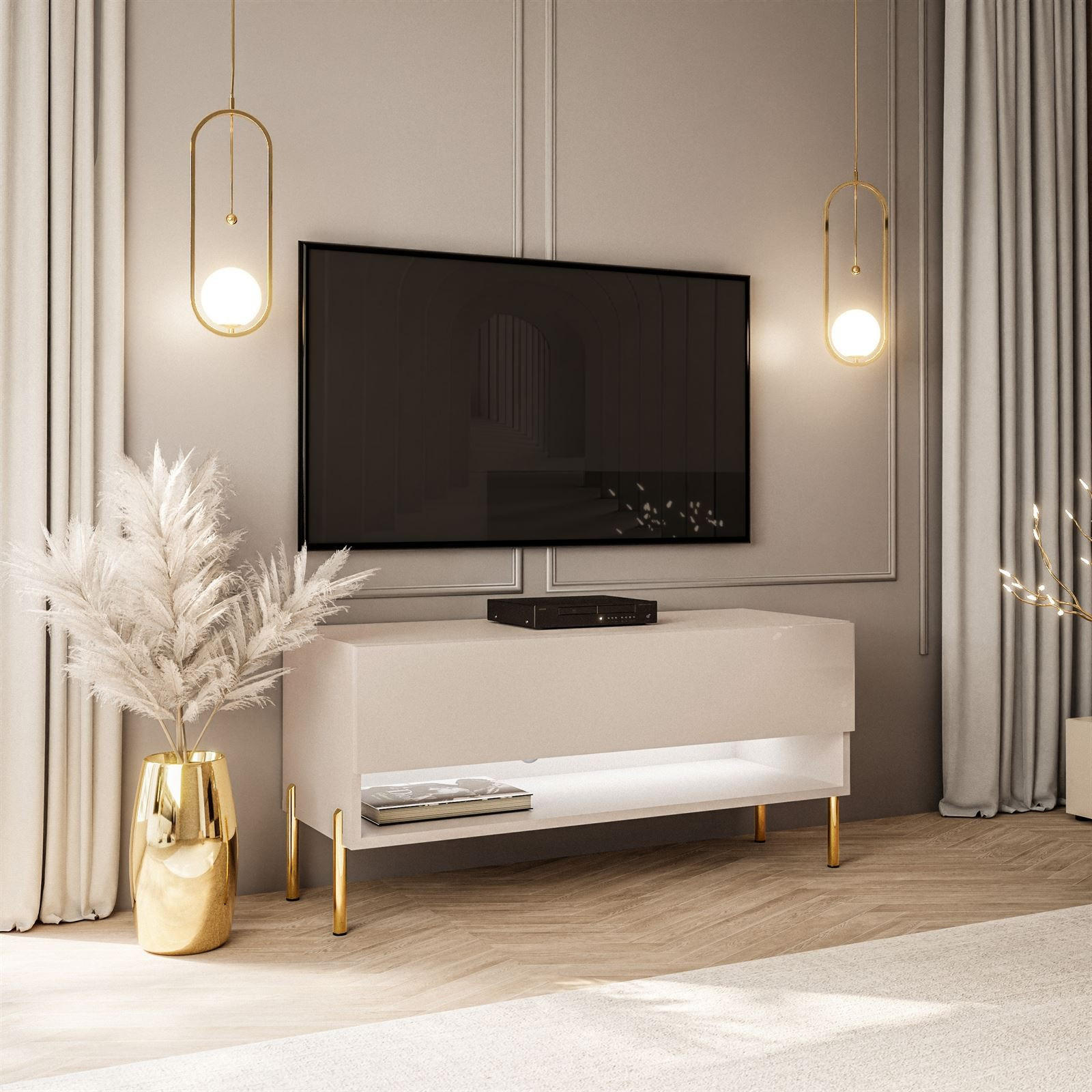 LOWBOARD TV-Schrank CALANTE 90 cm auf geraden goldenen Chrom-Beinen - Kaschmir/Goldfarben, Holzwerkstoff/Metall (90/44/35cm) - Lookway