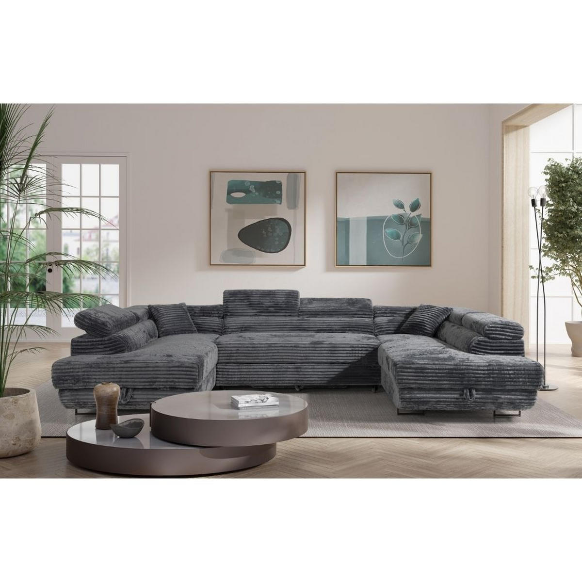 WOHNLANDSCHAFT Luis U mit Schlaffunktion und Bettkasten, 340 cm, Dunkelgrau - Dunkelgrau/Grau, Textil/Metall (340/88/205cm) - AN-Moebel 4u