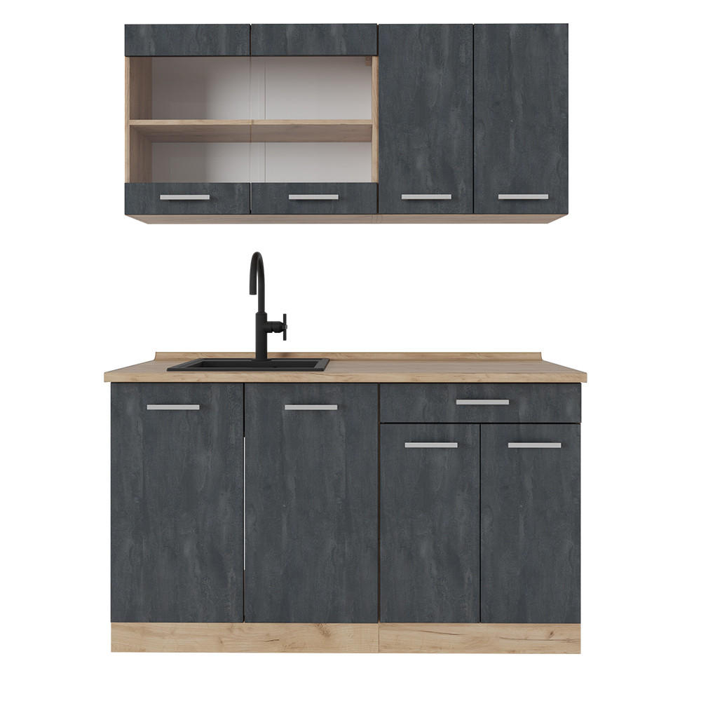 KÜCHENZEILE R-Line Schwarz Beton/Goldkraft Eiche 140 cm AP Eiche - Honigeiche/Schwarz, Holzwerkstoff (140/81.6/60cm) - Vicco