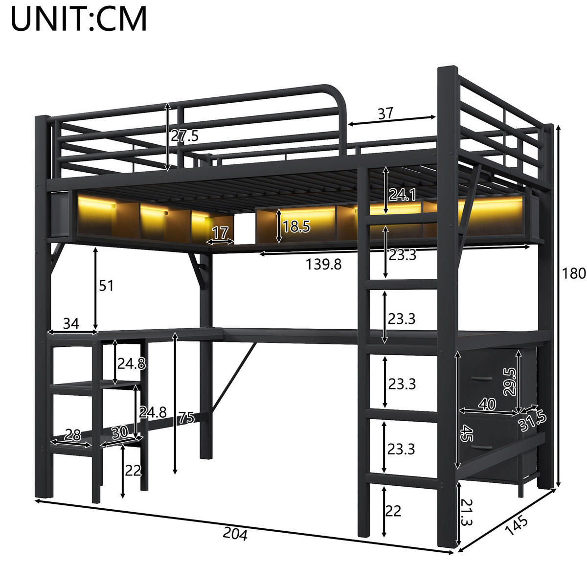HOCHBETT 140/200 cm Schwarz mit Schreibtisch, Regal und Schubladen - Schwarz, Metall (140/200cm) - MIVRAY