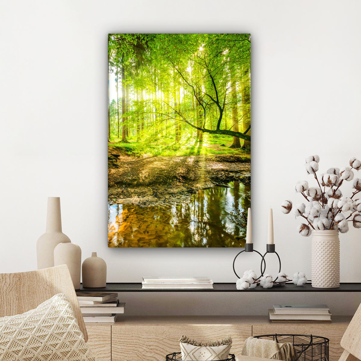 LEINWANDBILD Wald - Landschaft - Wasser - Bäume - Sonne - Grün - Natur Wanddeko Schlafzimmer 60x90 cm - Grün, Textil (60/90cm) - MuchoWow