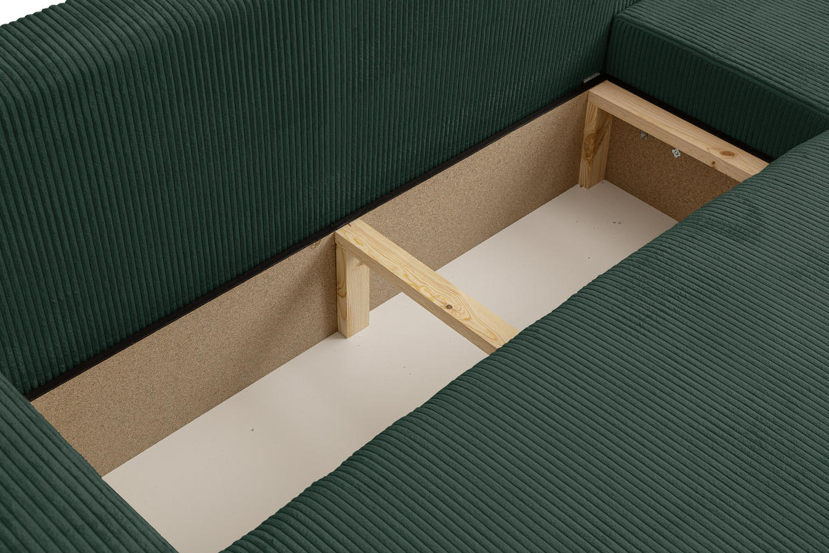 ECKSOFA TOKIO mit Schlaffunktion und Bettkasten, Farbe: Grün, Cordstoff, Ottomane Universal - Grün, Textil (275/170cm)