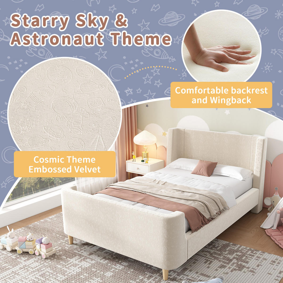 KINDERBETT 90x200cm Schlittenbett Kosmisches Muster Samt Beige - Beige, Holz - FLIEKS