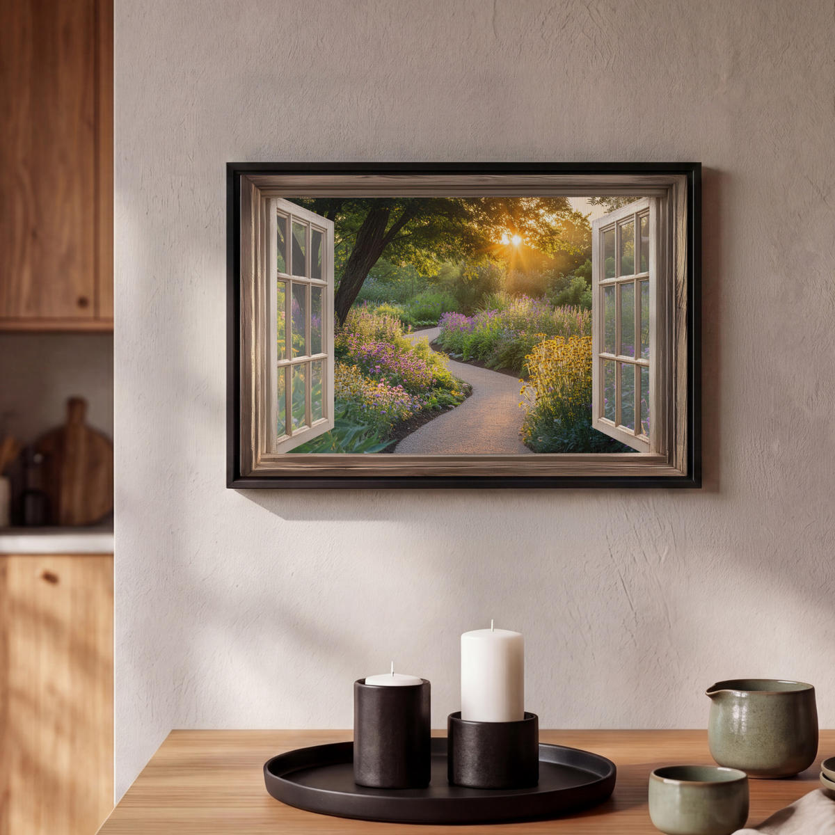LEINWAND Bilder mit Rahmen - Aussicht - Blumen - Natur - Sonne - Weg - 30x20 - Hellgelb, Textil (30/20cm) - MuchoWow