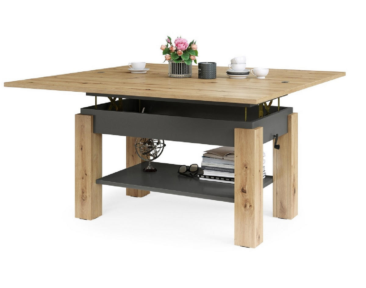 COUCHTISCH rechteckig Eiche Artisan - Anthrazit ausziehbar höhenverstellbar - Anthrazit/Eiche Artisan, Holzwerkstoff (65/130/60cm) - designimpex