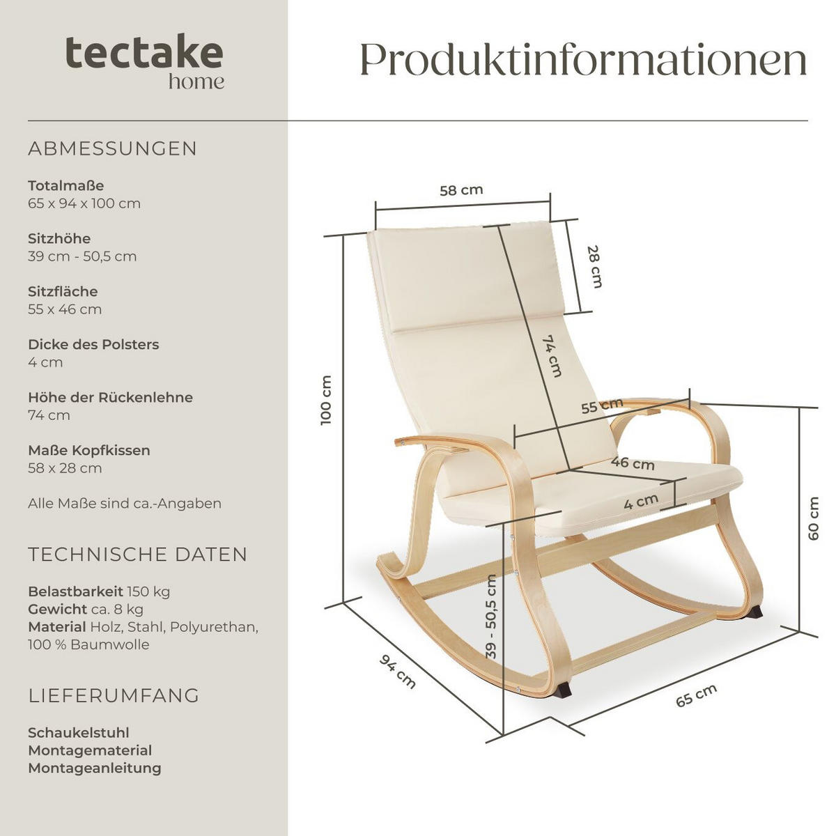 SCHAUKELSTUHL Roca,65 x 94 x 100 cm,beige - Beige, Holz (65/100/94cm) - tectake