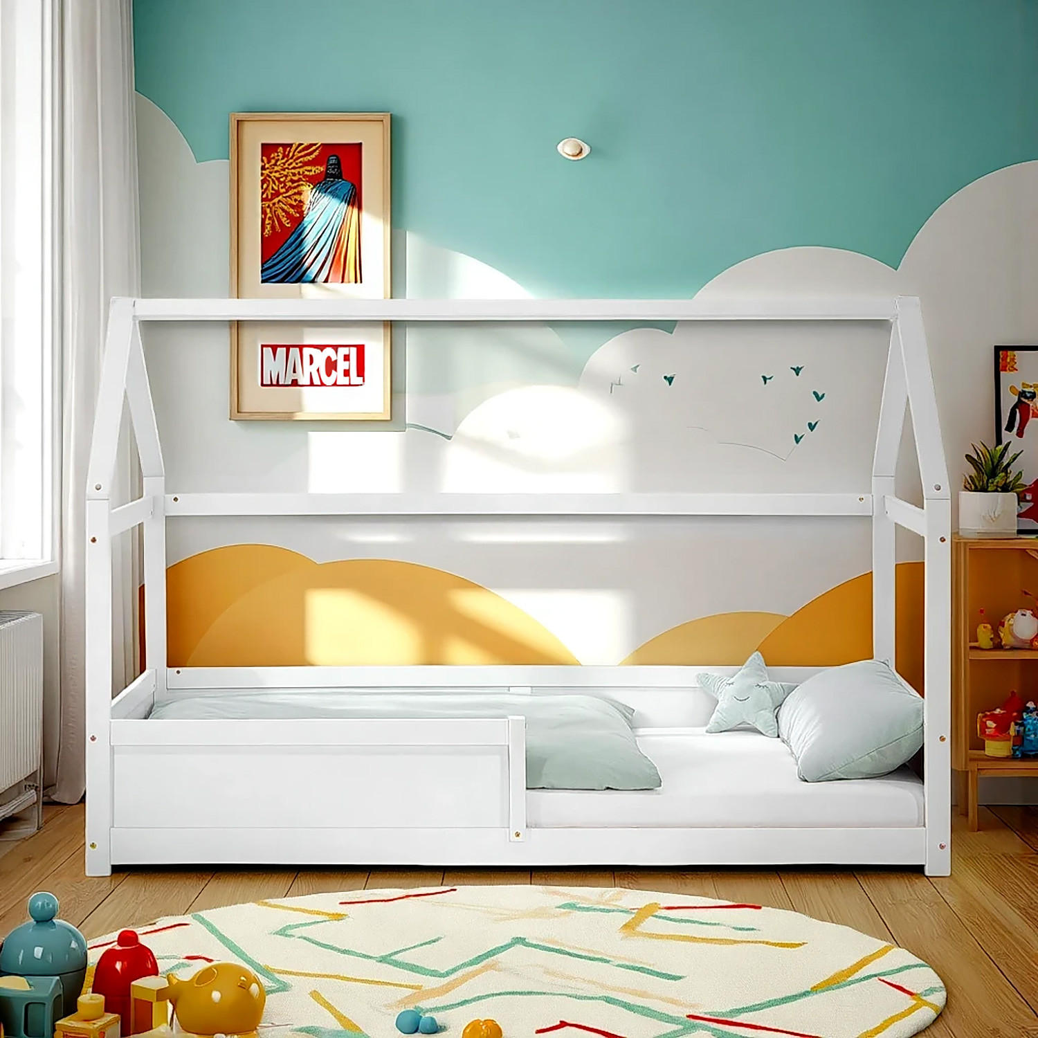 BODENBETT 90/200 cm in Weiß mit Matratze - Weiß, Holz (90/200cm) - Homestyle4u