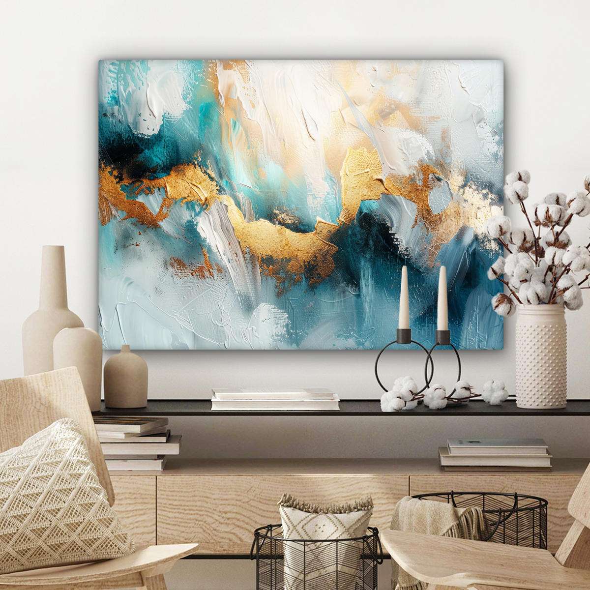LEINWANDBILD Abstrakt - Kunst - Gold - Blau Wandbilder 80x60 cm - Petrol, Textil (80/60cm) - MuchoWow