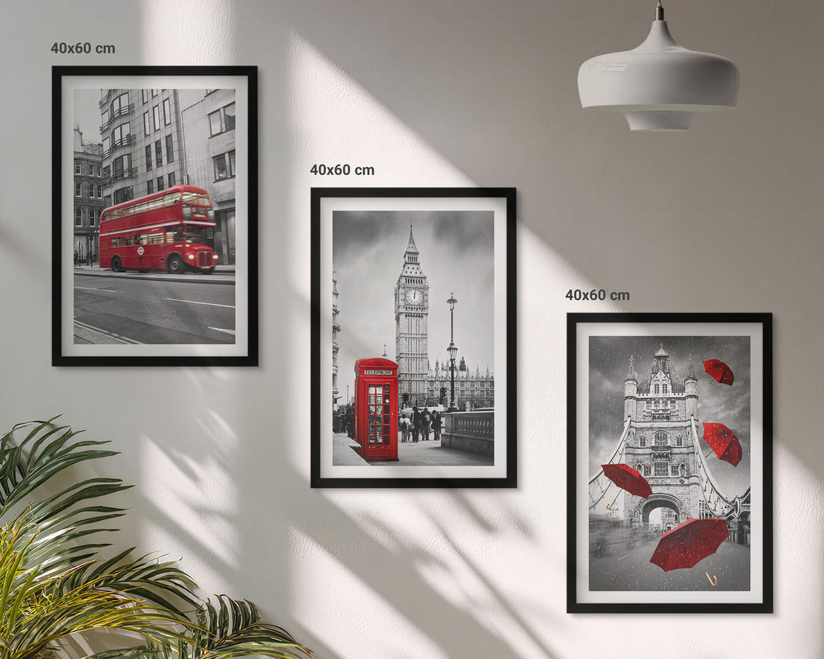 BILDER SET 3er Set - 40x60 cm Schwarzer Rahmen - Red Accents London - Schwarz, Kunststoff (40/60cm) - TULUP