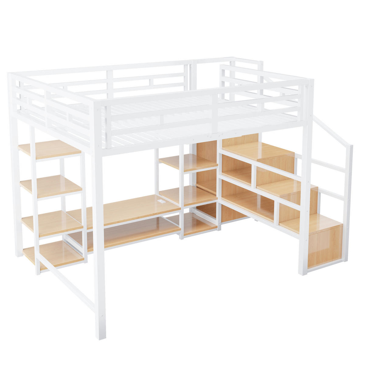 VYSOKÁ posteľ 140/200 cm biela s TV stojanom, zásuvkou a úložným rebríkom z kovu a MDF - biela, kompozitné drevo (140/200cm) - OKWISH