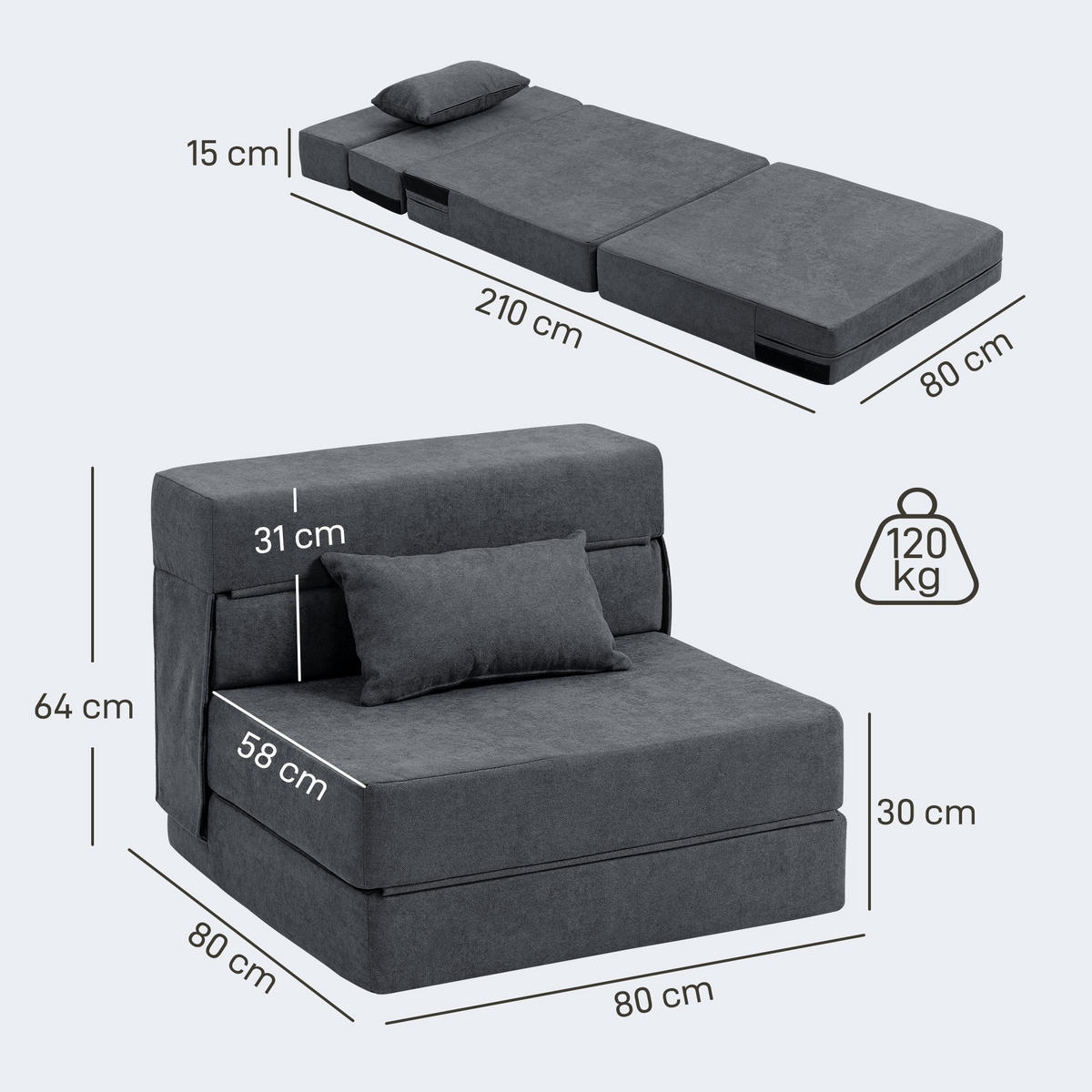 SCHLAFSESSEL 3 in 1 mit Bettfunktion 210L x 80B x 15H cm Dunkelgrau - Dunkelgrau, Kunststoff (80/15/210cm) - HOMCOM