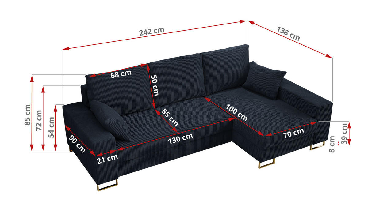 ECKSOFA Dorian Cord Dunkelblau - Goldfarben/Dunkelblau, Textil/Metall (242/138cm) - MKS