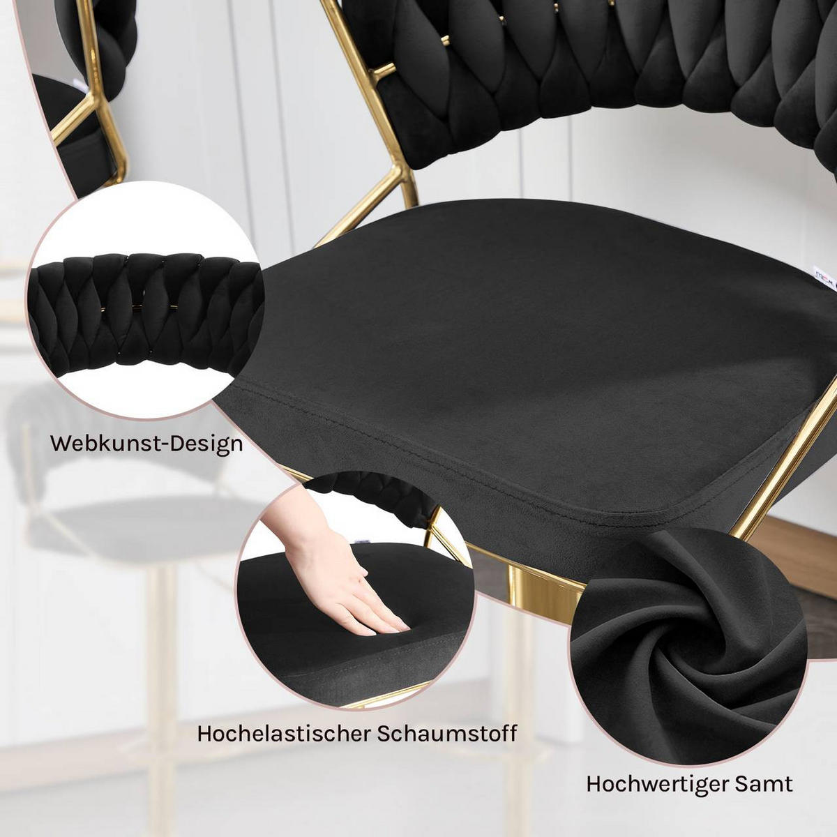 BARHOCKER 4er Set, mit geflochtener Rückenlehne, Samt, Schwarz - Goldfarben/Schwarz, Textil/Metall (48/83/46.5cm) - Woltu