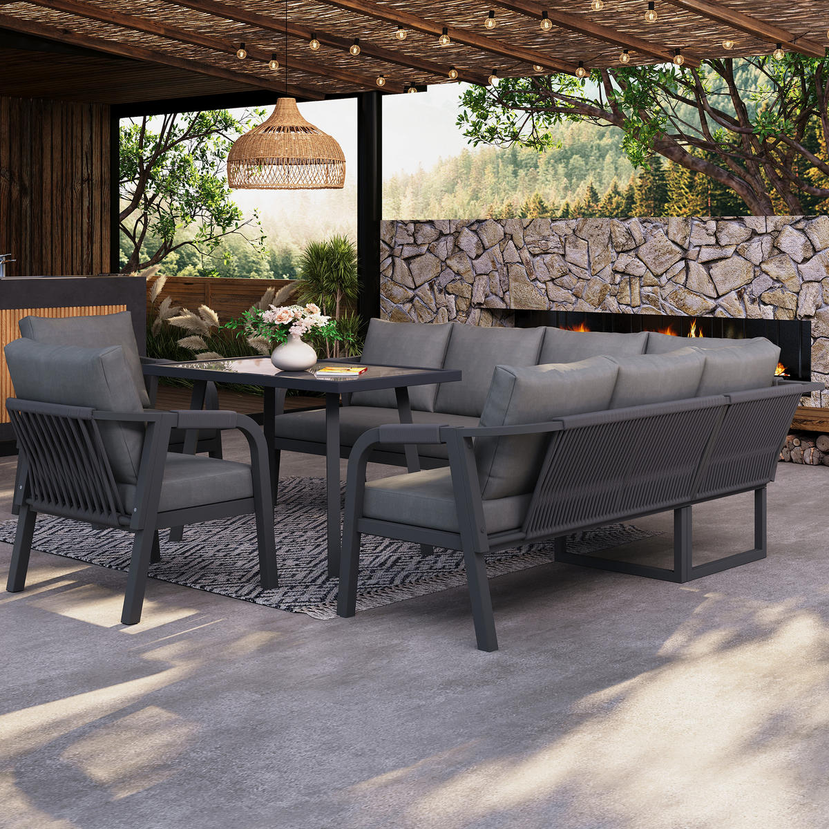 GARTEN-ESSGRUPPE 8 Personen Ecksofa Esstisch Sessel Grau - Grau, Textil - FLIEKS