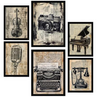POSTER Set Mit 6 Vintage Liebe Kamera Mikro Klavier Violine Telefon A3 & A4 Schwarzer Rahmen - Schwarz, Papier (29/3cm) - Nacnic