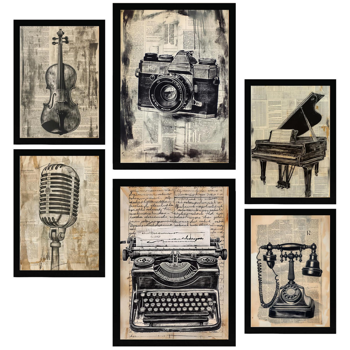 POSTER Set Mit 6 Vintage Liebe Kamera Mikro Klavier Violine Telefon A3 & A4 Schwarzer Rahmen - Schwarz, Papier (29/3cm) - Nacnic