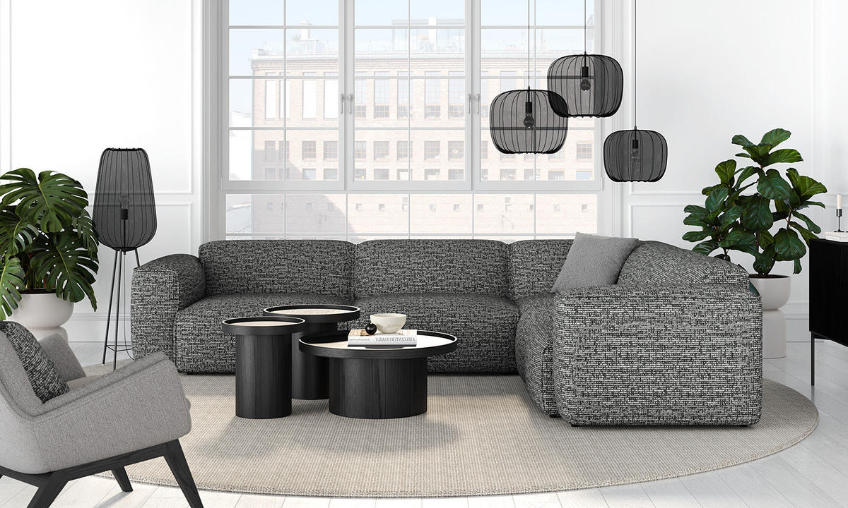 ECKSOFA mit Rundecke - Schwarz/Grau, Kunststoff/Textil (325/260cm) - home24