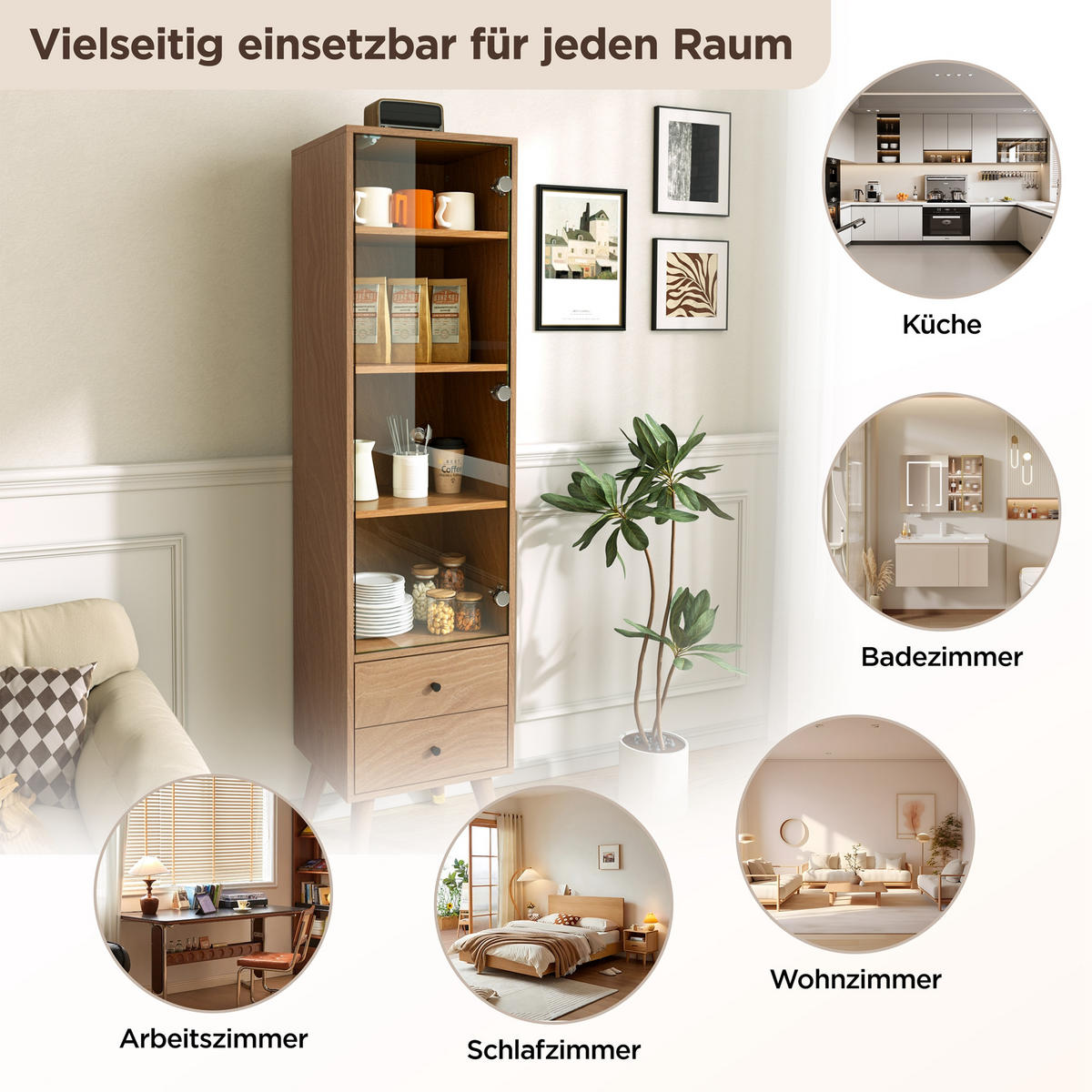 VITRINE in Naturfarben mit Glastür und 2 Schubladen für Wohnzimmer, B39,8/T35/H160 cm - Transparent/Naturfarben, Glas/Holzwerkstoff (39.8/160/35cm) - STILVORA