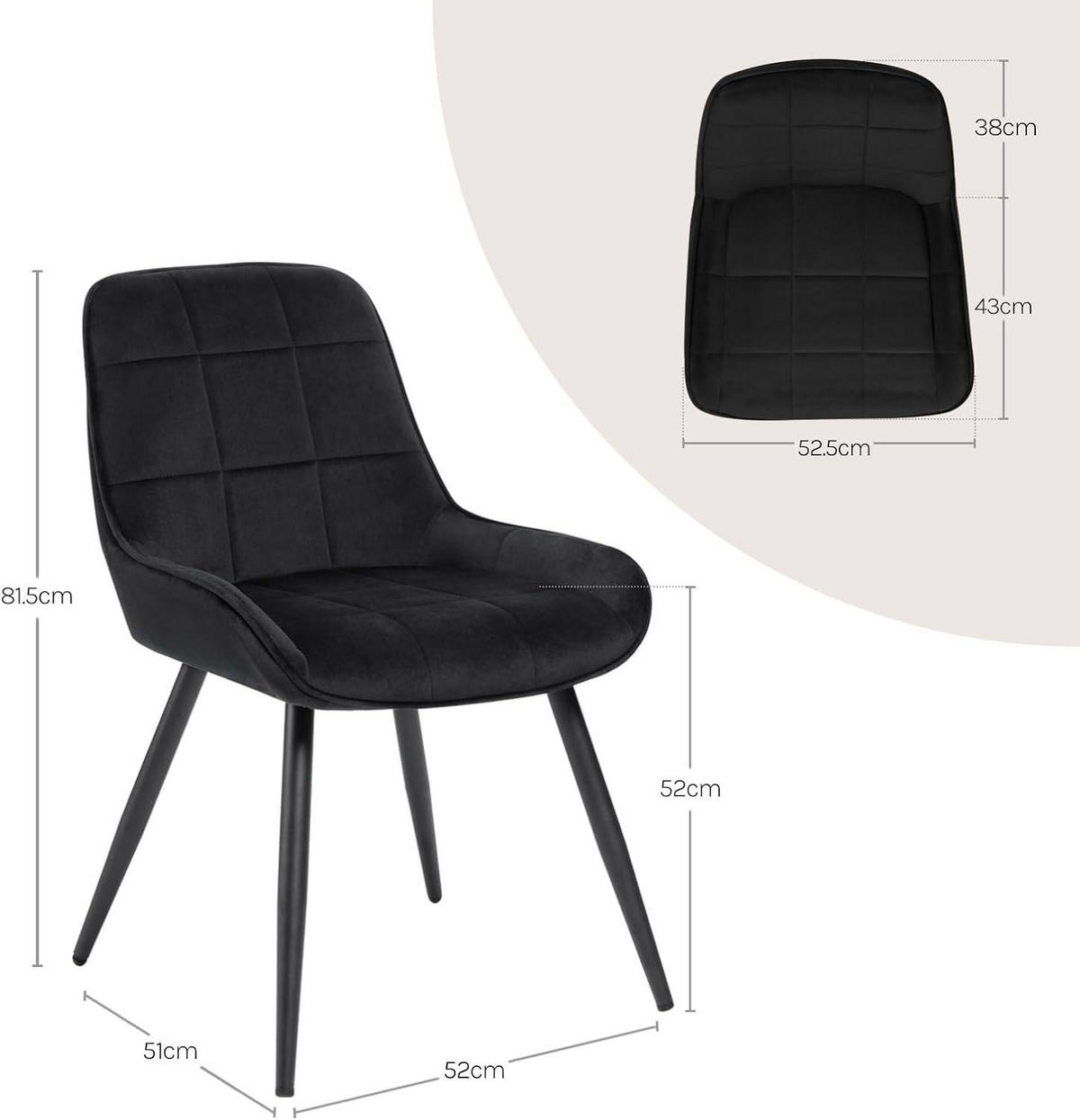 ESSZIMMERSTUHL 2er-Set, Polsterstuhl, Samt, Schwarz - Schwarz, Textil/Metall (52.5/81.5/62cm) - Woltu