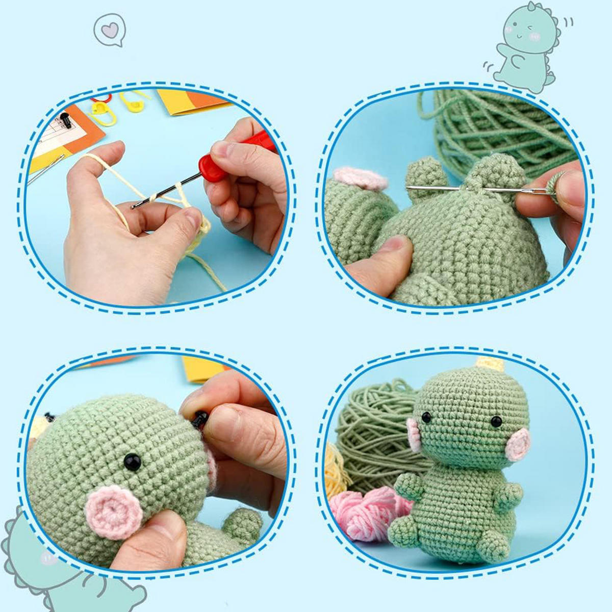 KOMPLET za kvačkanje Dinozaver svetlo zelene barve, DIY Amigurumi za začetnike s pripomočki - svetlo zelena, tekstil (1/1/1cm)