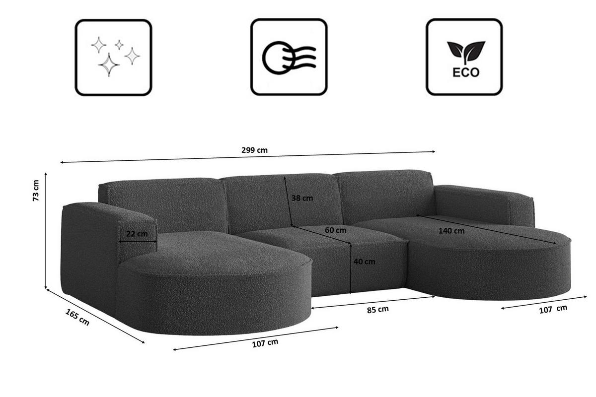 ECKSOFA Designer, Sofa U Form MODENA Stoff Loop Graphit - Graphitfarben, Holz/Textil (299/165cm) - Kaiser Möbel